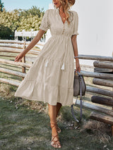 Women's Stripe Print Puff Sleeve Tiered Maxi Dress