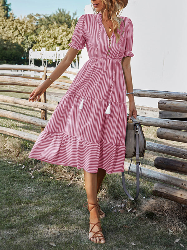 Women's Stripe Print Puff Sleeve Tiered Maxi Dress