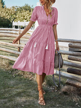 Women's Stripe Print Puff Sleeve Tiered Maxi Dress