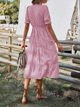 Women's Stripe Print Puff Sleeve Tiered Maxi Dress