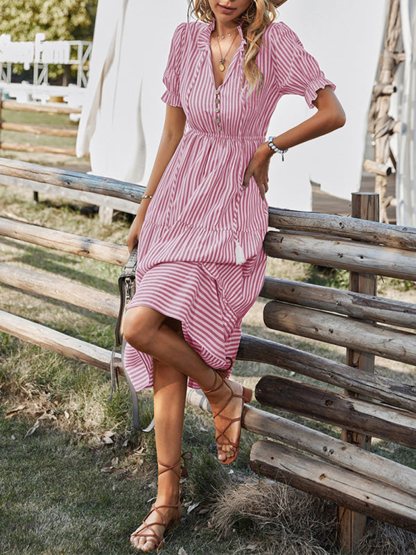 Women's Stripe Print Puff Sleeve Tiered Maxi Dress
