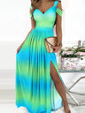 Women's long dress printed V-neck temperament sleeveless sexy slit dress