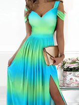 Women's long dress printed V-neck temperament sleeveless sexy slit dress