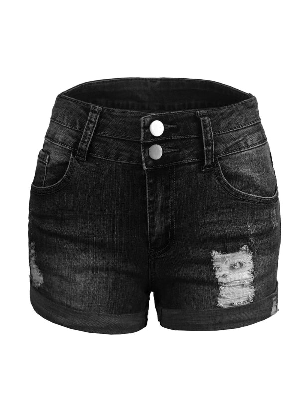 Trendy ripped rolled edge elastic high waist denim shorts women's hot pants