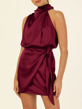 Women's Solid Color Wrap Front Satin Cocktail Dress