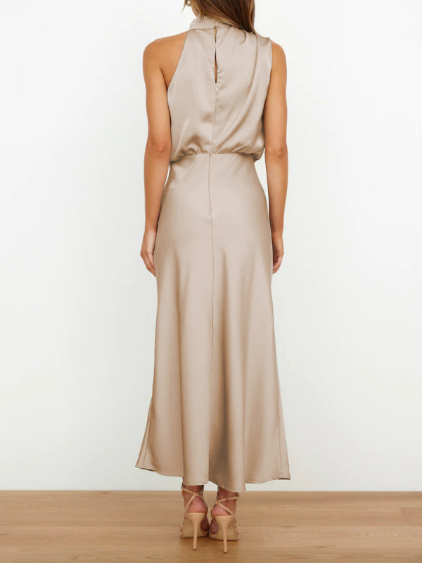 Women's Solid Color Halter Neck Satin Midi Dress