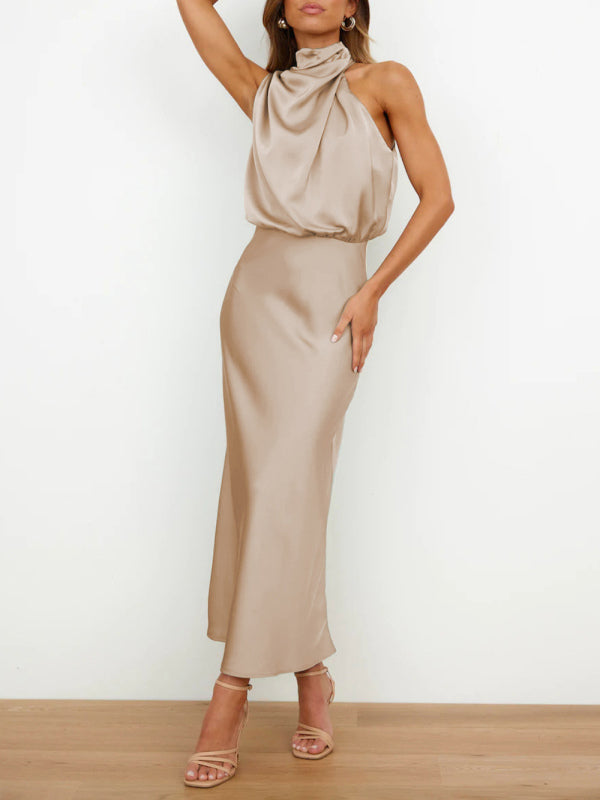 Women's Solid Color Halter Neck Satin Midi Dress