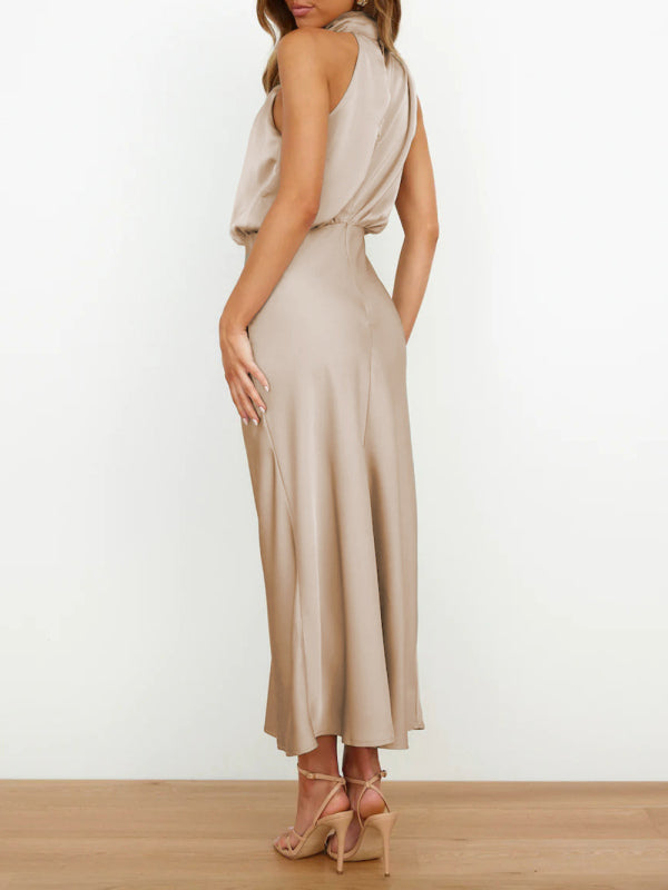Women's Solid Color Halter Neck Satin Midi Dress