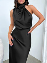 Women's Solid Color Halter Neck Satin Midi Dress