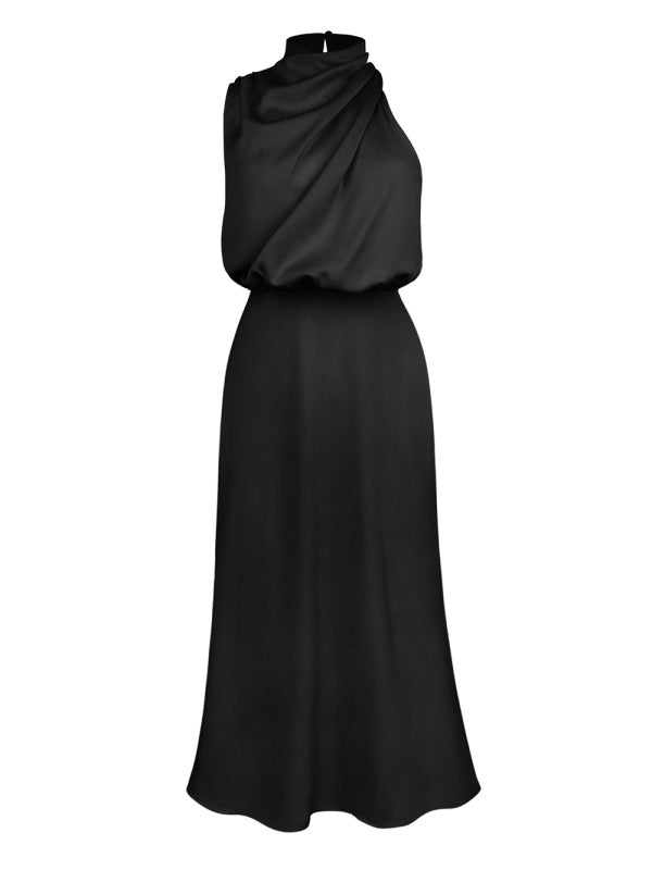 Women's Solid Color Halter Neck Satin Midi Dress