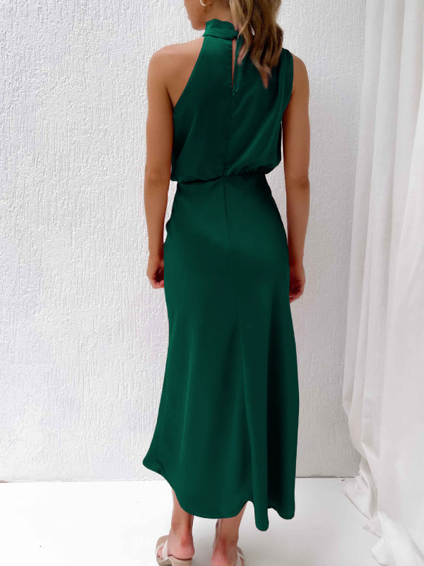 Women's Solid Color Halter Neck Satin Midi Dress