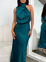 Women's Solid Color Halter Neck Satin Midi Dress