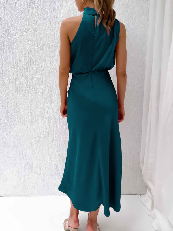 Women's Solid Color Halter Neck Satin Midi Dress