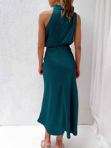 Women's Solid Color Halter Neck Satin Midi Dress