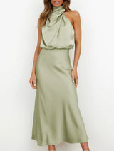 Women's Solid Color Halter Neck Satin Midi Dress