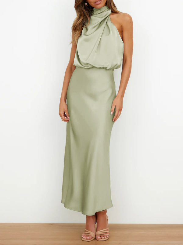 Women's Solid Color Halter Neck Satin Midi Dress