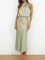 Women's Solid Color Halter Neck Satin Midi Dress