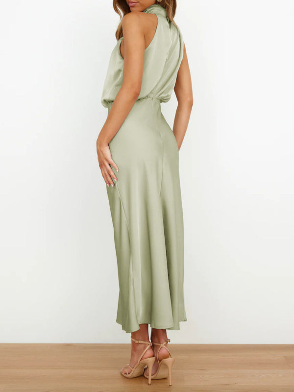 Women's Solid Color Halter Neck Satin Midi Dress