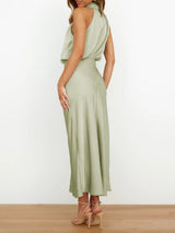 Women's Solid Color Halter Neck Satin Midi Dress