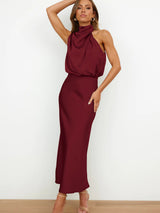 Women's Solid Color Halter Neck Satin Midi Dress