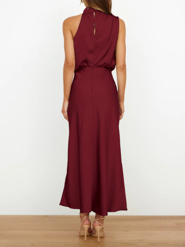Women's Solid Color Halter Neck Satin Midi Dress