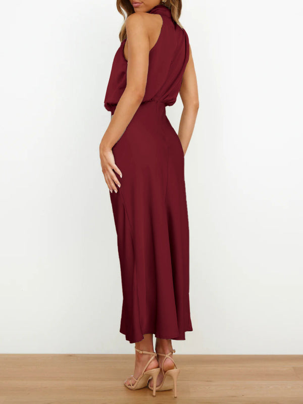 Women's Solid Color Halter Neck Satin Midi Dress