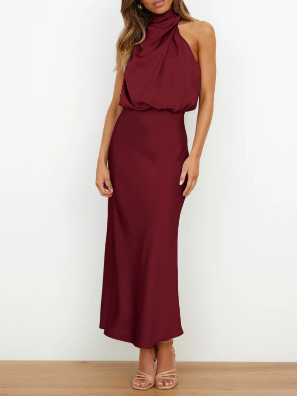 Women's Solid Color Halter Neck Satin Midi Dress