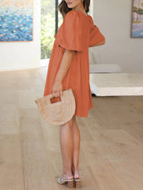 Women's Solid Color Tie Cutout Puff Sleeve Mini Dress