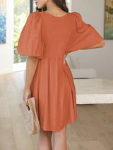 Women's Solid Color Tie Cutout Puff Sleeve Mini Dress