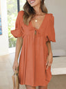 Women's Solid Color Tie Cutout Puff Sleeve Mini Dress