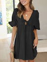 Women's Solid Color Tie Cutout Puff Sleeve Mini Dress