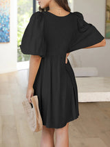 Women's Solid Color Tie Cutout Puff Sleeve Mini Dress