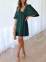 Women's Solid Color Tie Cutout Puff Sleeve Mini Dress