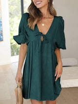 Women's Solid Color Tie Cutout Puff Sleeve Mini Dress