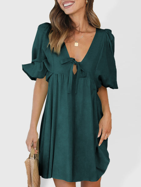 Women's Solid Color Tie Cutout Puff Sleeve Mini Dress