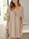 Women's Solid Color Tie Cutout Puff Sleeve Mini Dress