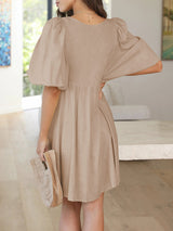Women's Solid Color Tie Cutout Puff Sleeve Mini Dress