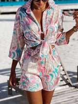 Women's Floral Print Tie Front Short Sleeve Shirt Matching Shorts