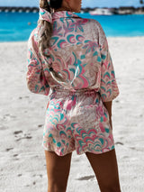 Women's Floral Print Tie Front Short Sleeve Shirt Matching Shorts