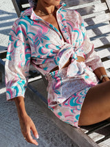Women's Floral Print Tie Front Short Sleeve Shirt Matching Shorts