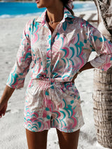 Women's Floral Print Tie Front Short Sleeve Shirt Matching Shorts