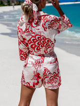 Women's Floral Print Tie Front Short Sleeve Shirt Matching Shorts