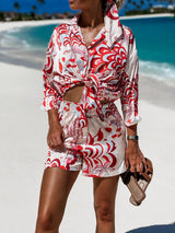 Women's Floral Print Tie Front Short Sleeve Shirt Matching Shorts
