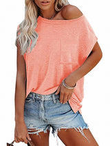Women's Tops Solid Color Pocket Off Shoulder Round Neck Short Sleeve Women's T-Shirt