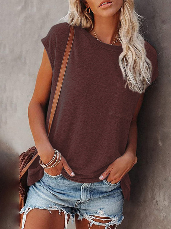 Women's Tops Solid Color Pocket Off Shoulder Round Neck Short Sleeve Women's T-Shirt