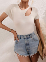 Women's Solid Color Shoulder Cutout Rib Sweater