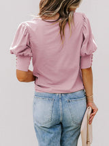 Women's Solid Color Puff Sleeve Crew Neck Blouse