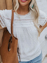 Women's Solid Color Flutter Sleeve Lace Trim Blouse