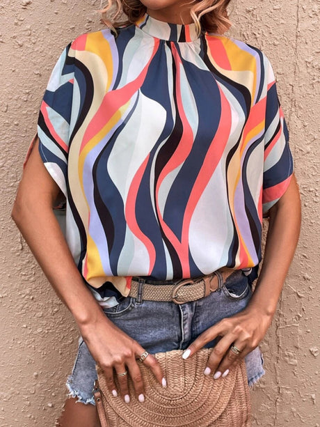 Women's Zigzag Mock Neck Tie-back Crop Top