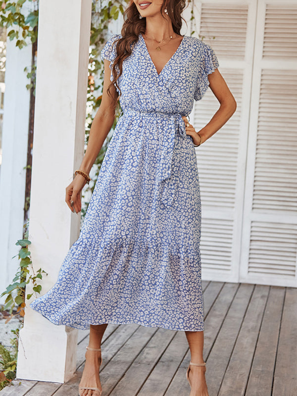 Women's Printed Flutter Sleeve Tiered Chiffon Maxi Dress
